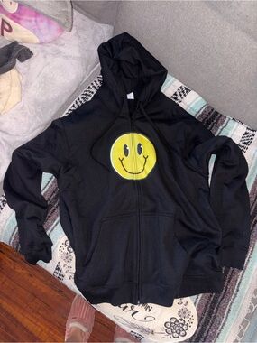 Mens Black Zip-Up Hoodie with Yellow Smiley Graphic